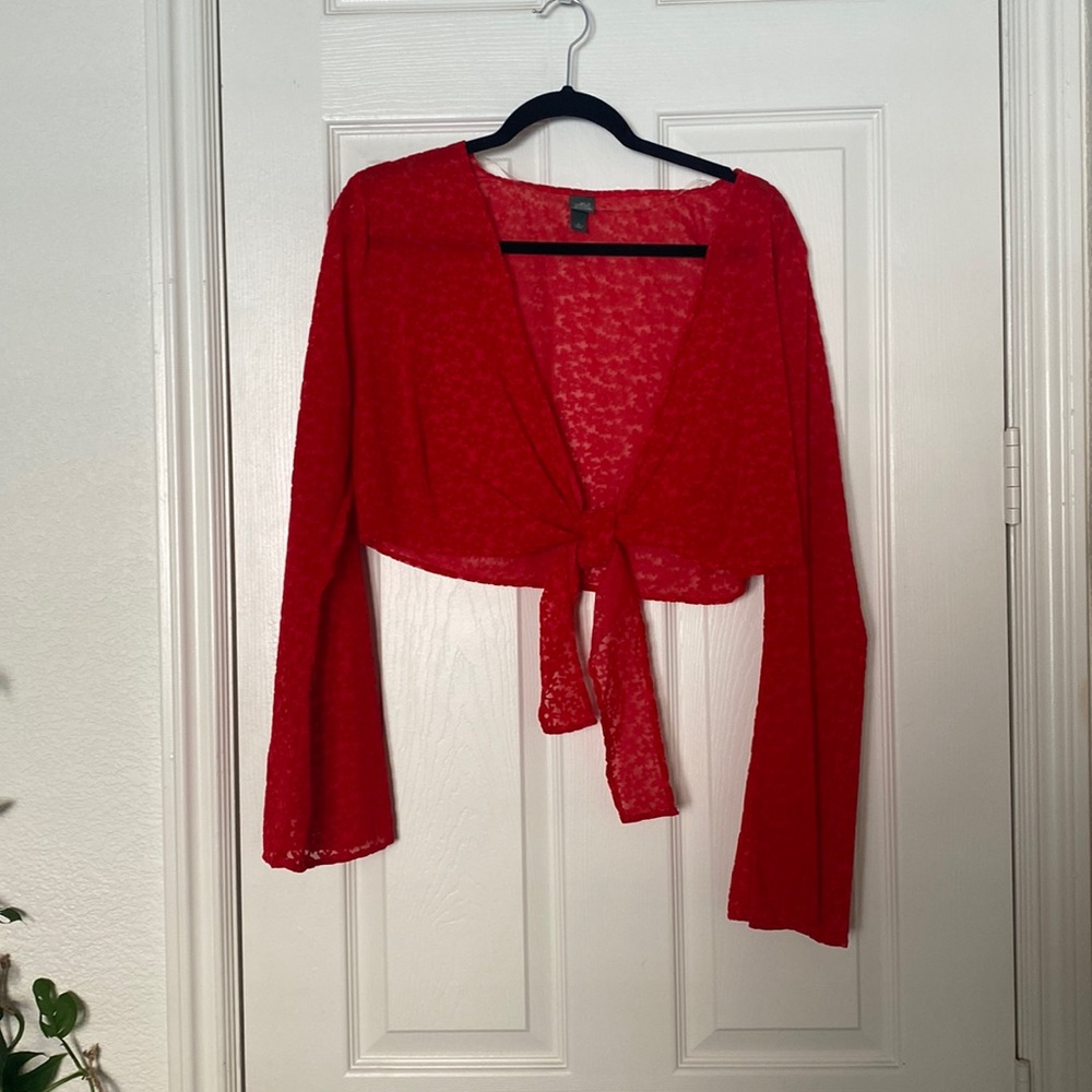 Scarlet red, see through long sleeve crop top blouse